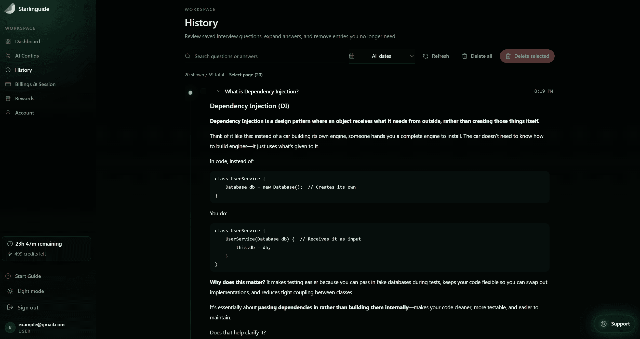 Starlinguide history review screen