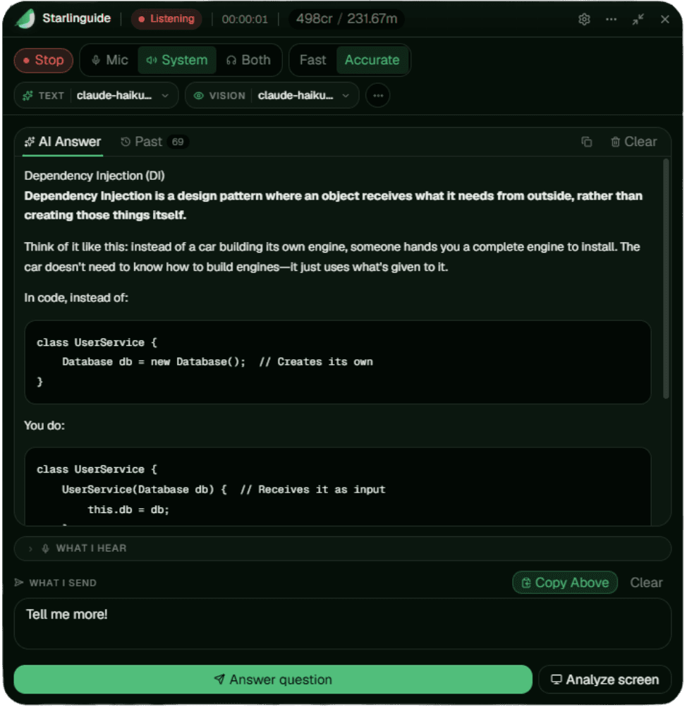 Starlinguide private answer window during a live interview